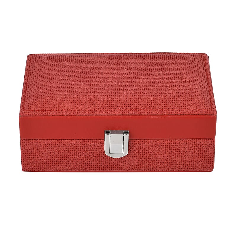 Red Woven Embossed Faux Leather Jewelry box with Mirror and Lock