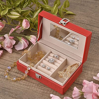 Red Woven Embossed Faux Leather Jewelry box with Mirror and Lock