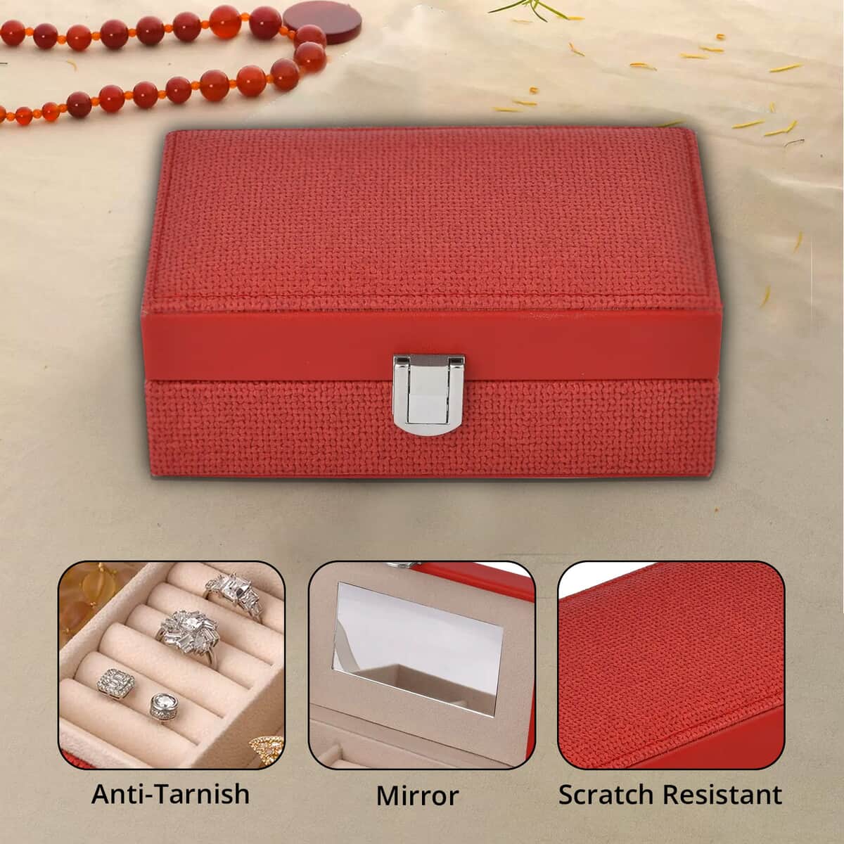 Red Woven Embossed Faux Leather Jewelry box with Mirror and Lock (6.5"x4.1"x2.4") image number 2