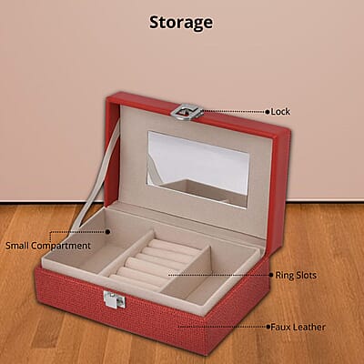 Red Woven Embossed Faux Leather Jewelry box with Mirror and Lock