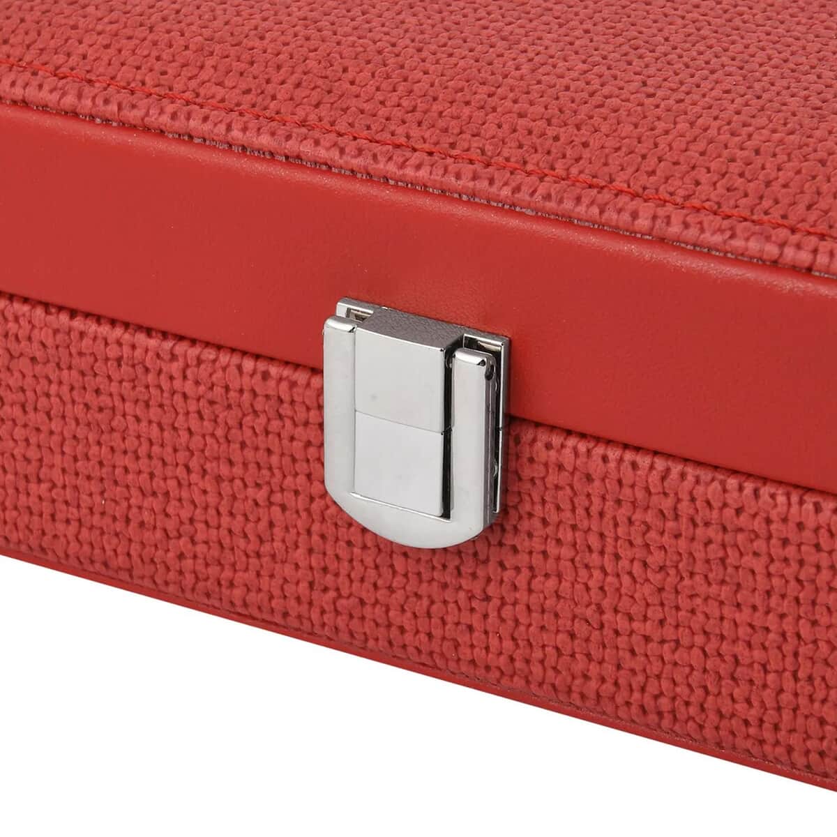 Red Woven Embossed Faux Leather Jewelry box with Mirror and Lock (6.5"x4.1"x2.4") image number 6