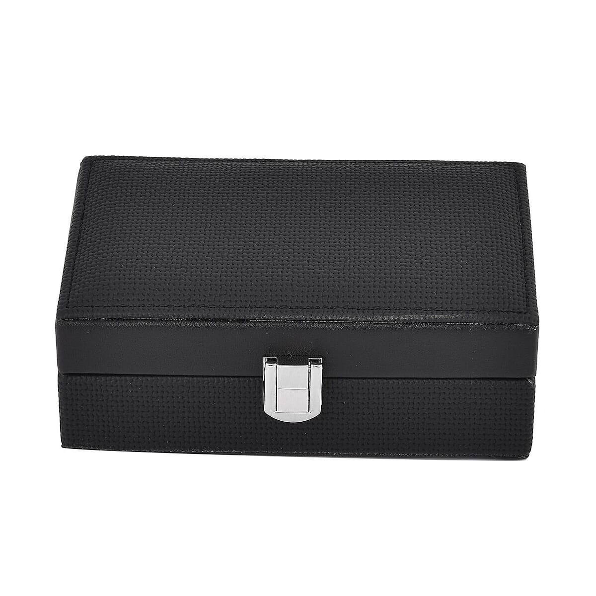 Black Woven Embossed Faux Leather Jewelry box with Mirror and Lock image number 0