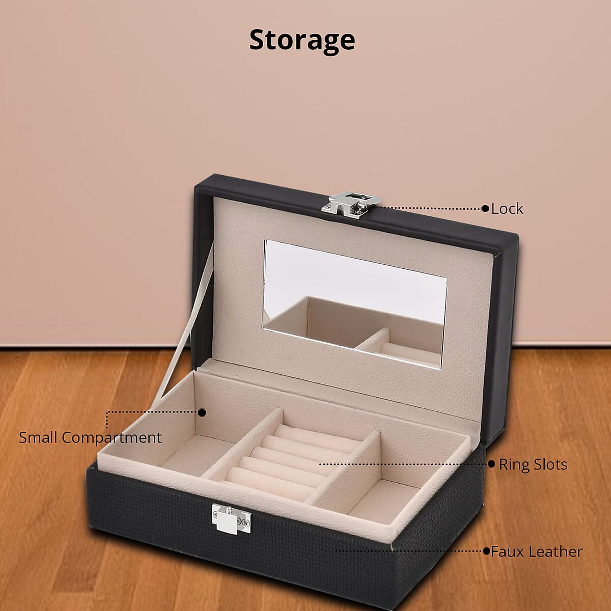 Black Woven Embossed Faux Leather Jewelry box with Mirror and Lock image number 3