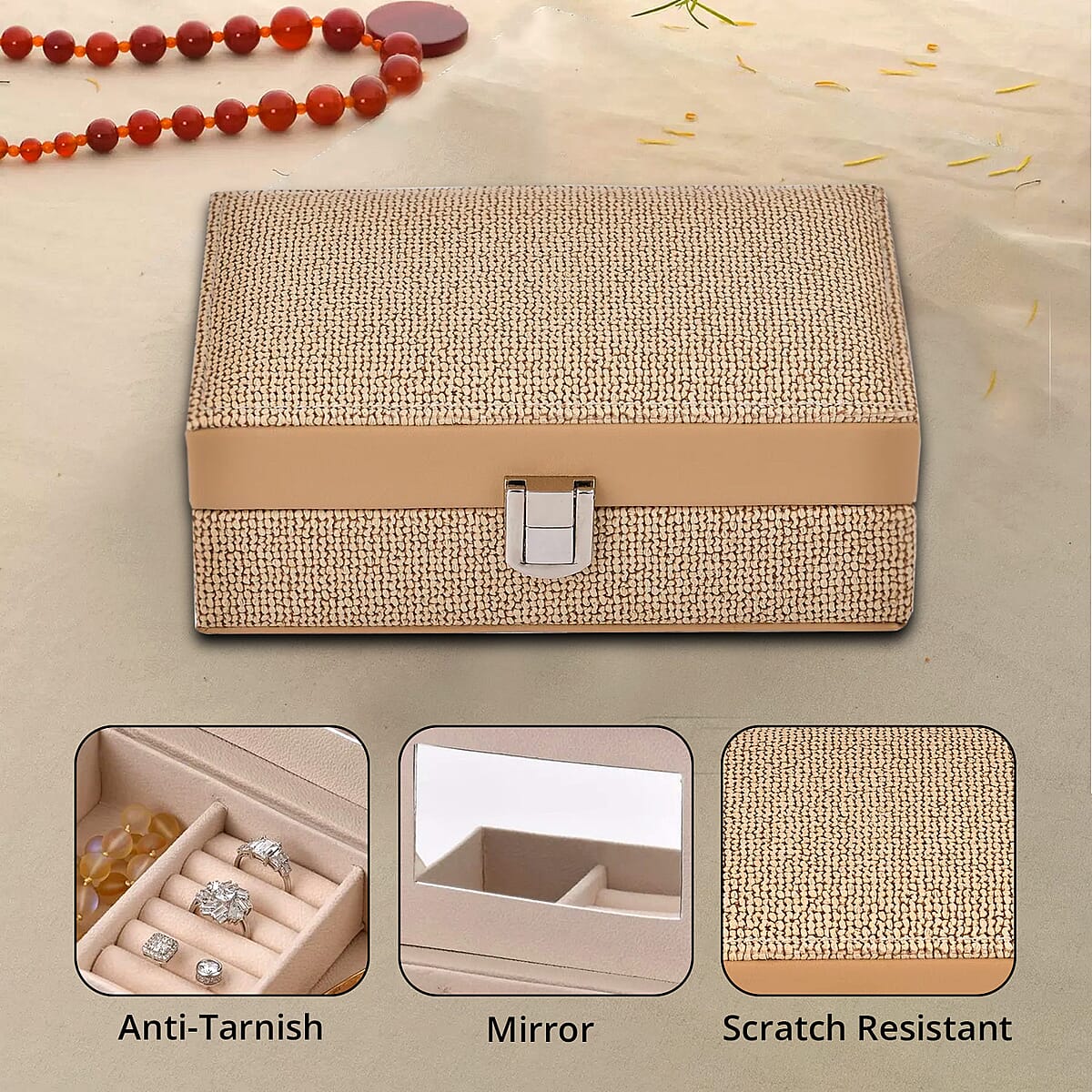 Cream Woven Embossed Faux Leather Jewelry box with Mirror and Lock image number 2