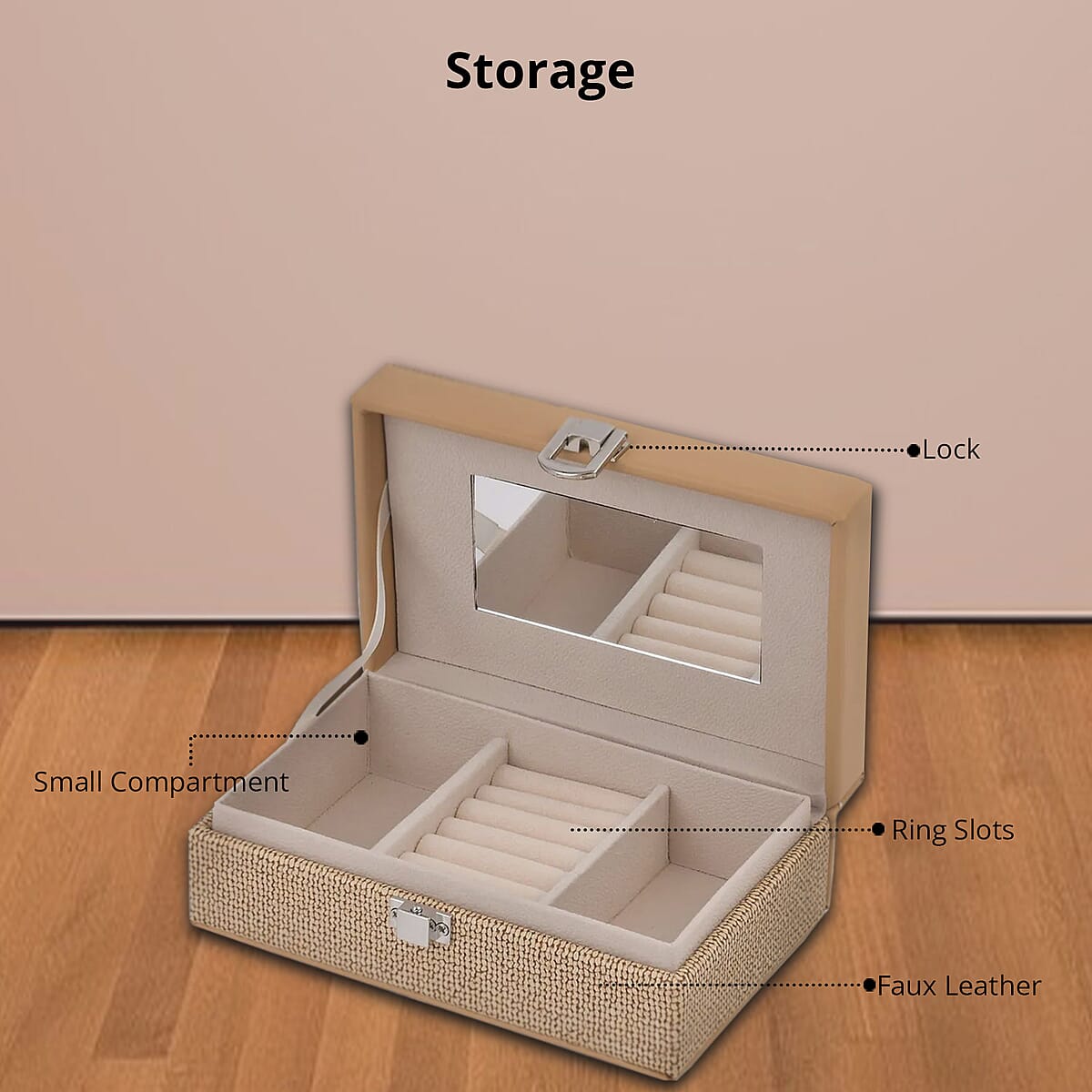 Cream Woven Embossed Faux Leather Jewelry box with Mirror and Lock image number 3