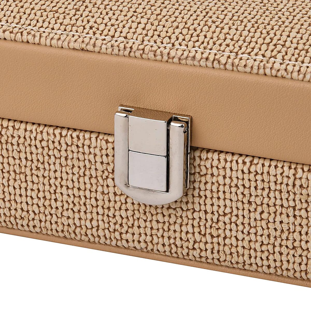 Cream Woven Embossed Faux Leather Jewelry box with Mirror and Lock image number 6
