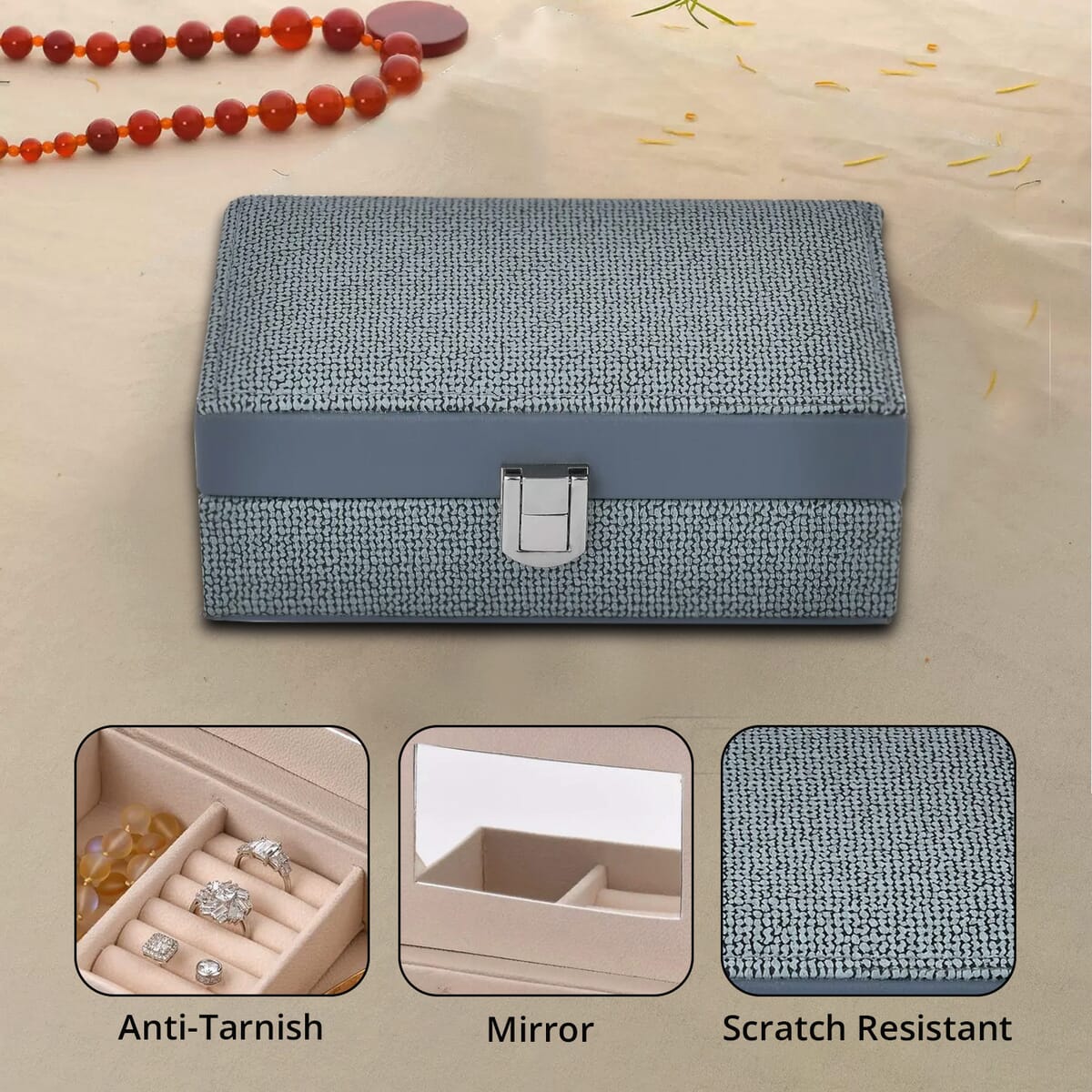 Turquoise Blue Woven Embossed Faux Leather Jewelry box with Mirror and Lock image number 2