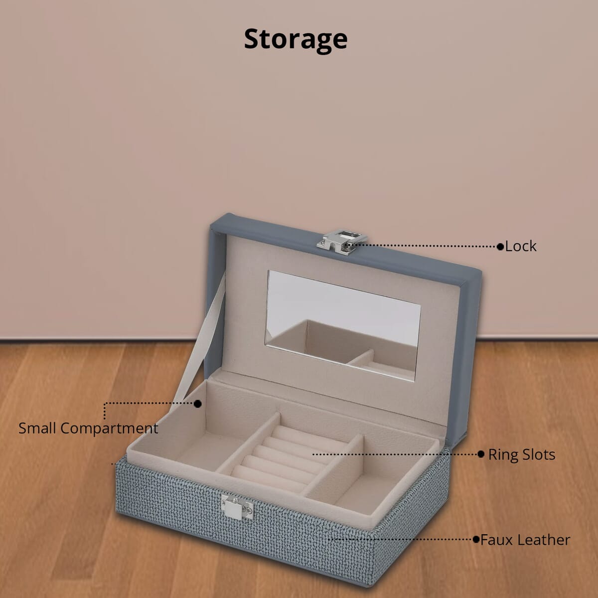 Turquoise Blue Woven Embossed Faux Leather Jewelry box with Mirror and Lock image number 3