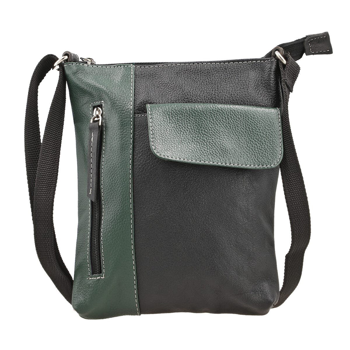 Black and Green Color Genuine Leather Crossbody Bag with Multiple Pockets image number 0