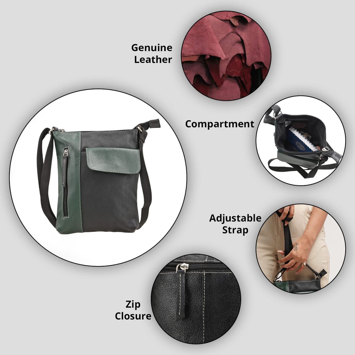 Black and Green Color Genuine Leather Crossbody Bag with Multiple Pockets image number 2