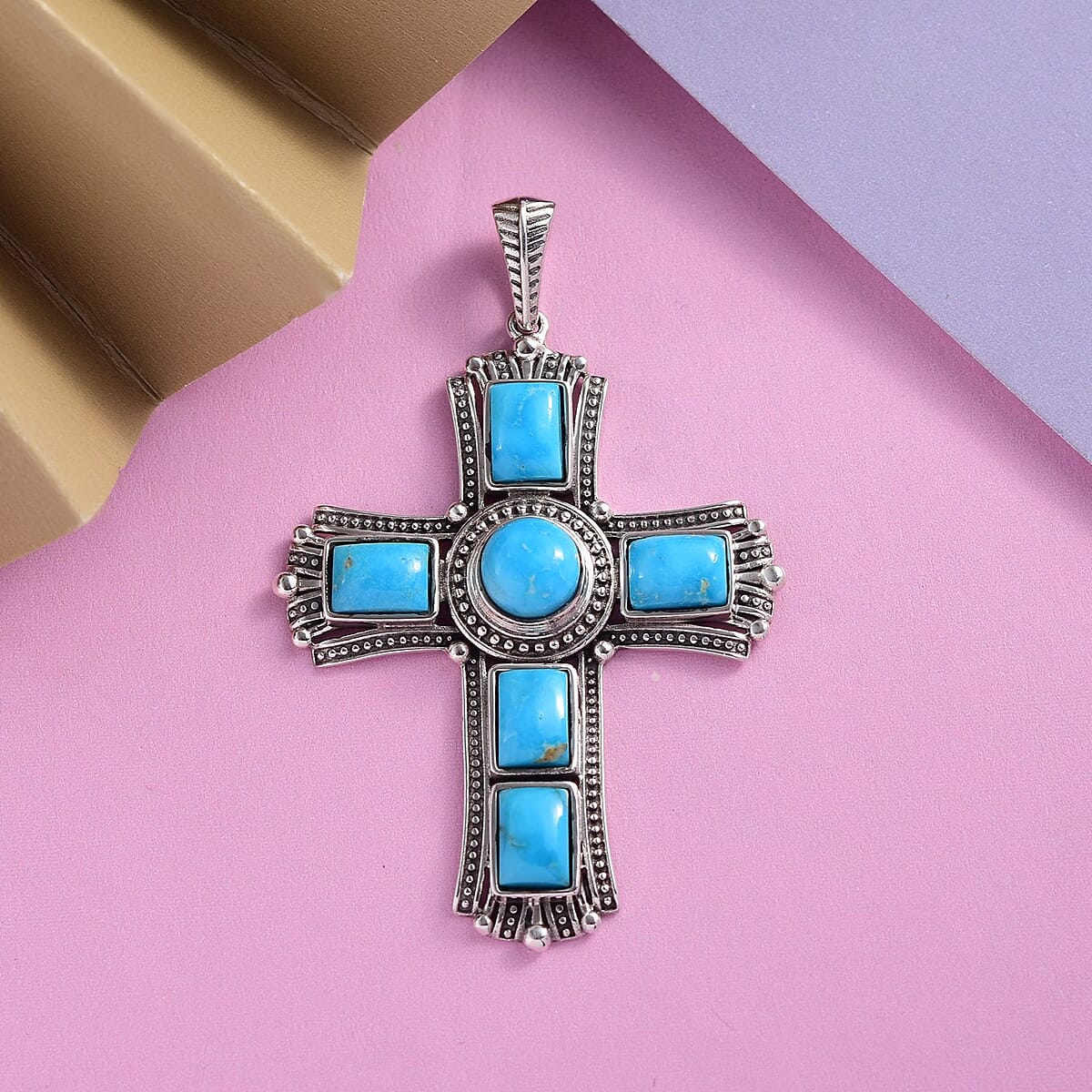 Artisan Crafted Blue Ridge Turquoise Cross Pendant in Sterling Silver 8.85 ctw image number 1