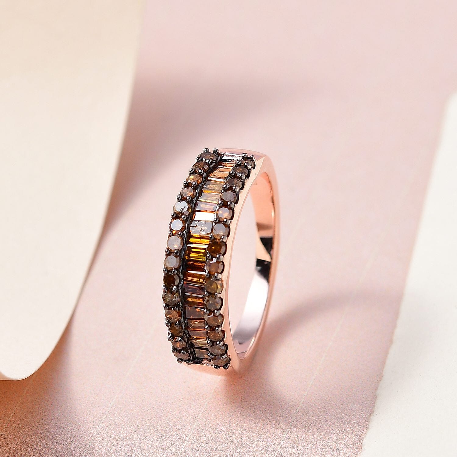 Red Diamond Band Ring in Rhodium & Vermeil Rose Gold Over Sterling Silver (Size 10.0) 1.00 ctw