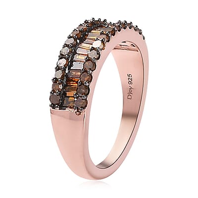 Red Diamond Band Ring in Rhodium & Vermeil Rose Gold Over Sterling Silver (Size 10.0) 1.00 ctw