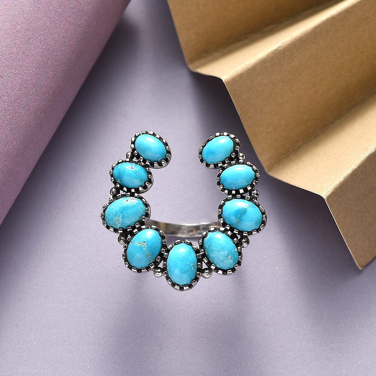 Artisan Crafted American Natural Blue Ridge Turquoise Horseshoe Ring in Sterling Silver 7.10 ctw image number 1