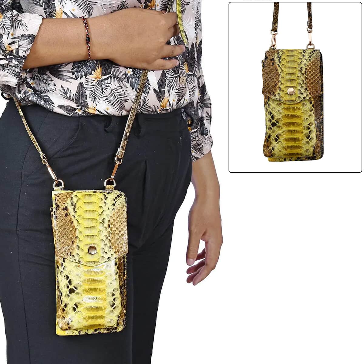 The Grand Pelle Handcrafted Genuine Python Leather Yellow Color Crossbody Wallet (4"x8"x2.20") image number 2