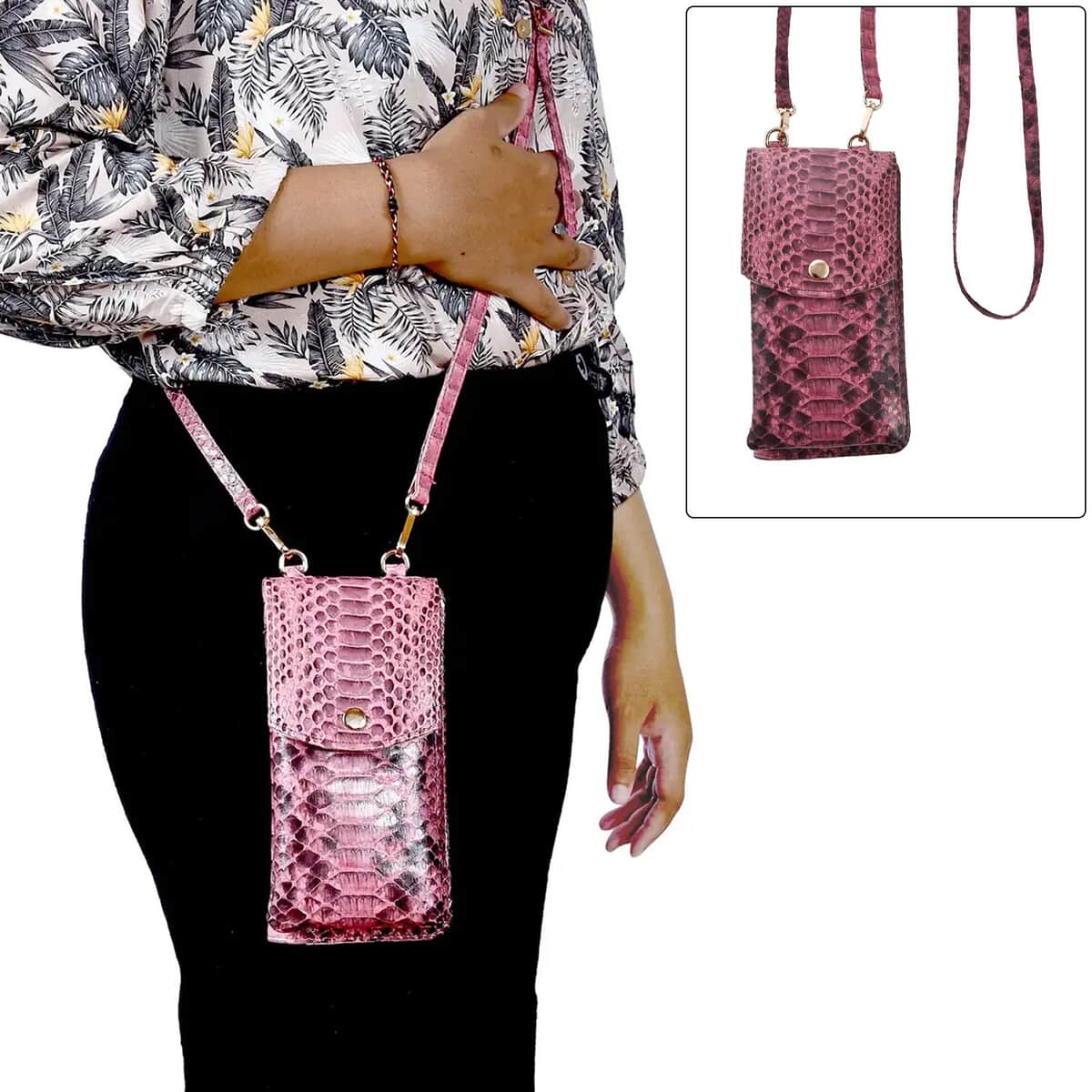 Doorbuster The Grand Pelle Handcrafted Genuine Python Leather Pink Color Crossbody Wallet image number 2