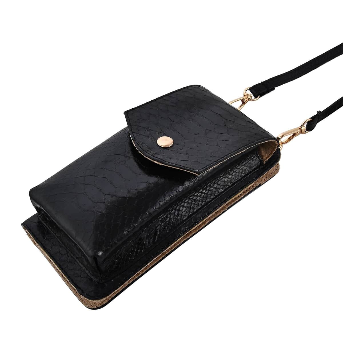 The Grand Pelle Handcrafted Genuine Python Leather Black Color Crossbody Wallet image number 5