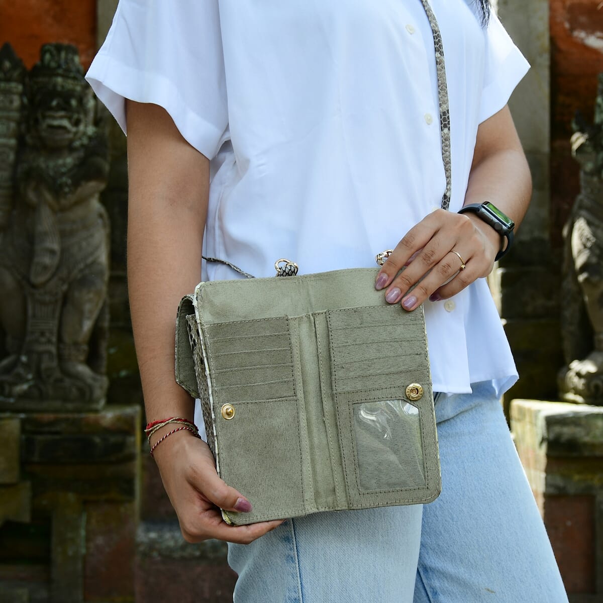 The Grand Pelle Handcrafted Genuine Python Leather Nature Color Crossbody Wallet image number 3