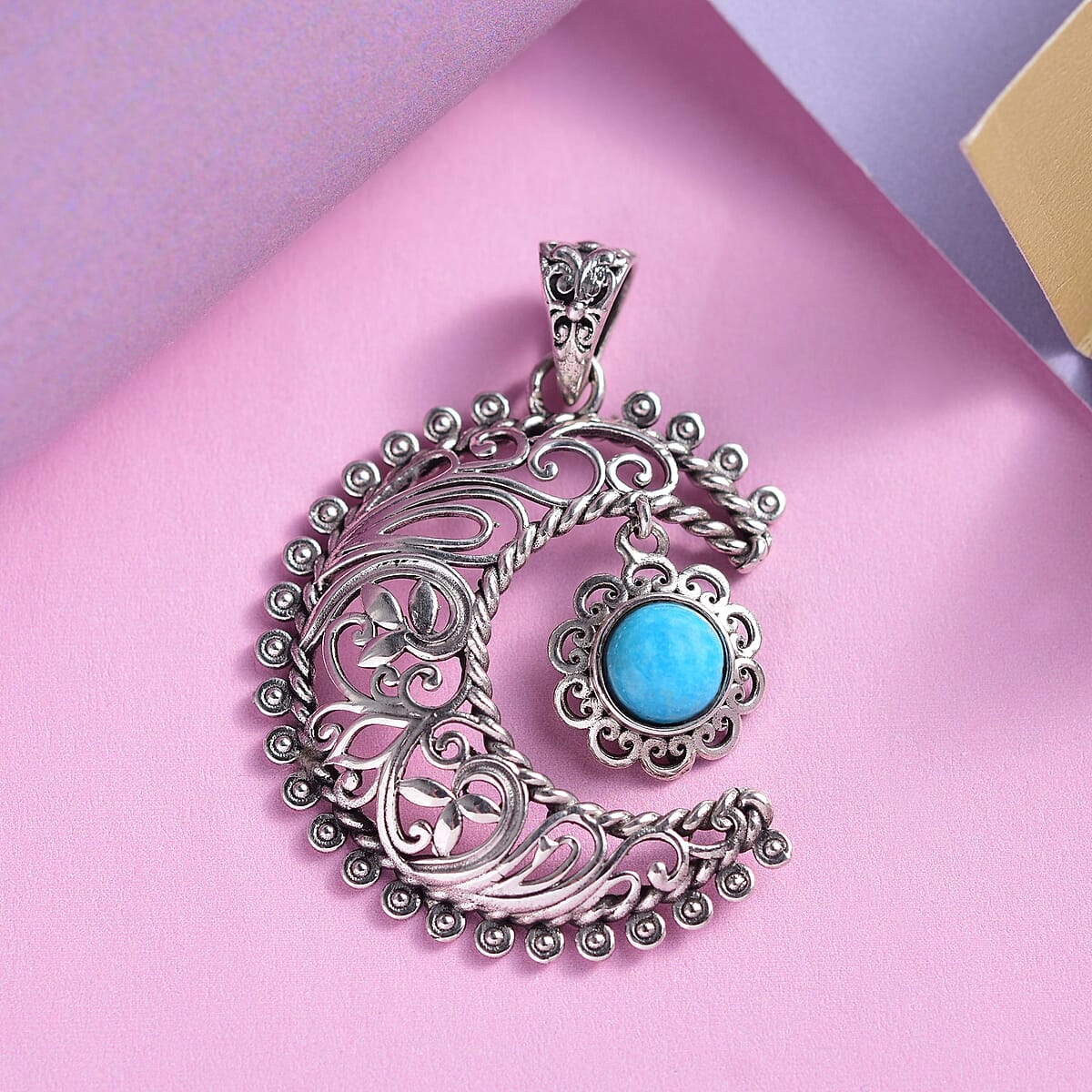 Artisan Crafted Blue Ridge Turquoise Crescent Moon Pendant in Sterling Silver 1.50 ctw image number 1