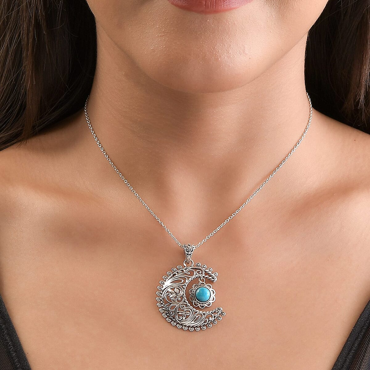 Artisan Crafted Blue Ridge Turquoise Crescent Moon Pendant in Sterling Silver 1.50 ctw image number 2