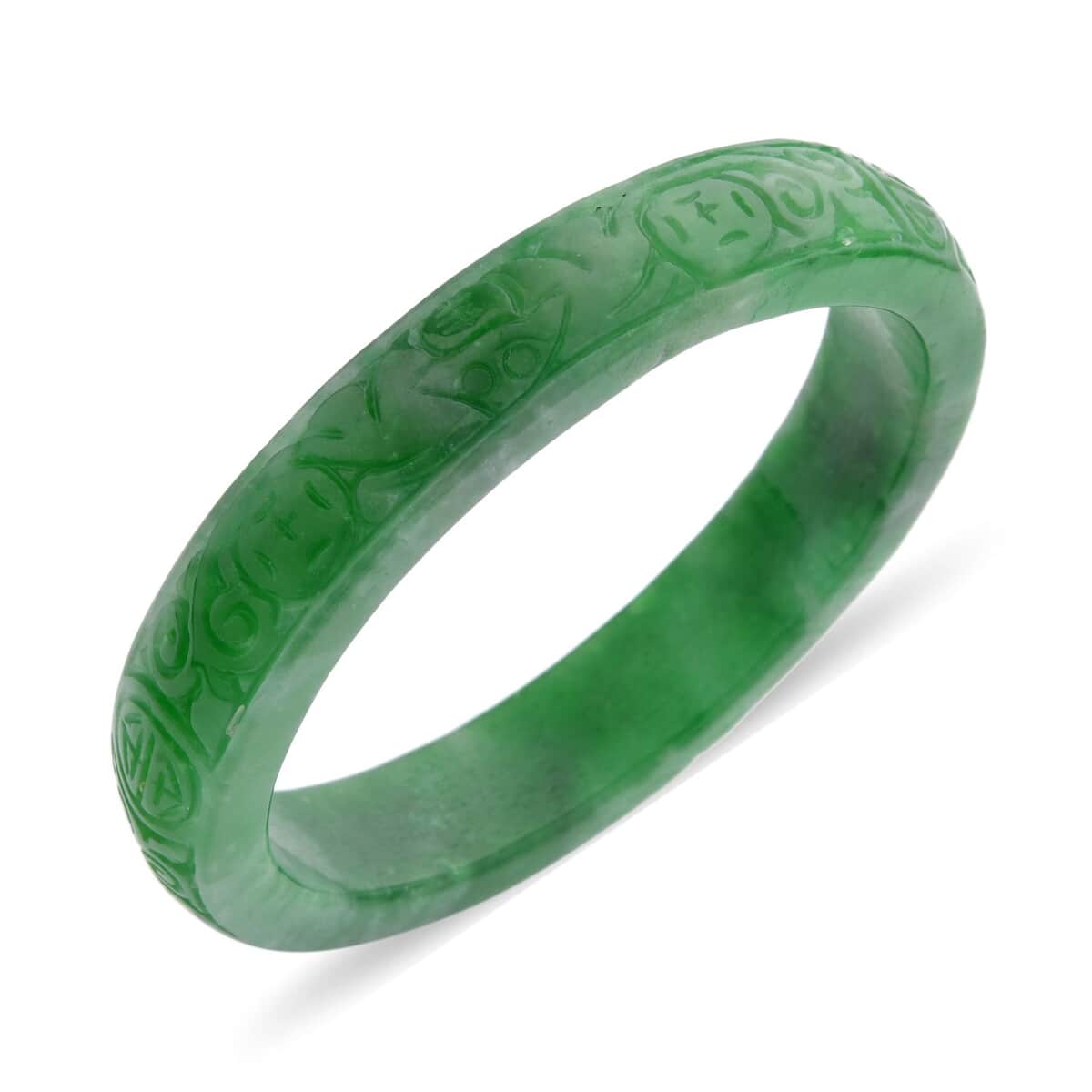 Green Jade (D) Carved Flower with Money Coin Bangle Bracelet (6.75 In) 282.50 ctw image number 0