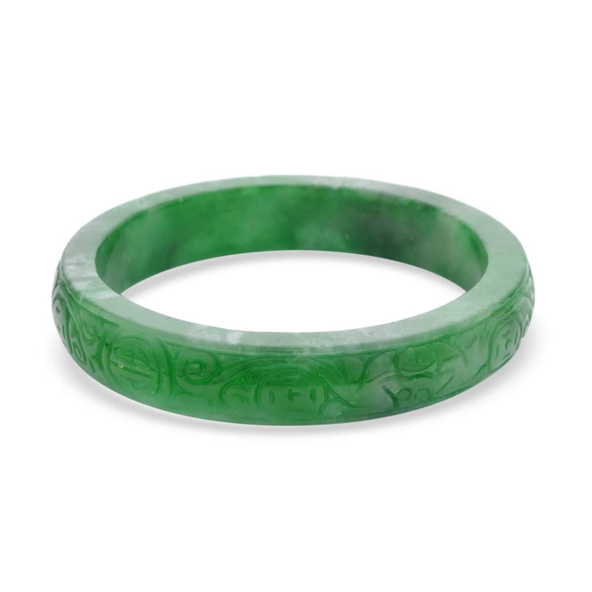 Green Jade Carved Flower with Money Coin Bangle Bracelet (6.75 In) 282.50 ctw image number 2