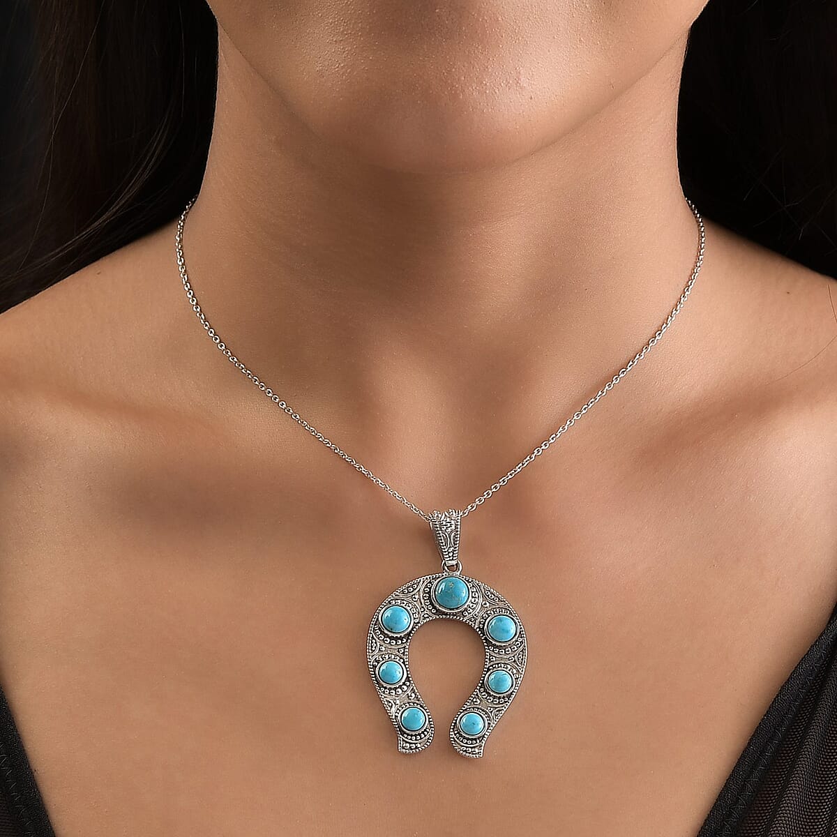 Artisan Crafted Blue Ridge Turquoise Horseshoe Pendant in Sterling Silver 6.00 ctw image number 2