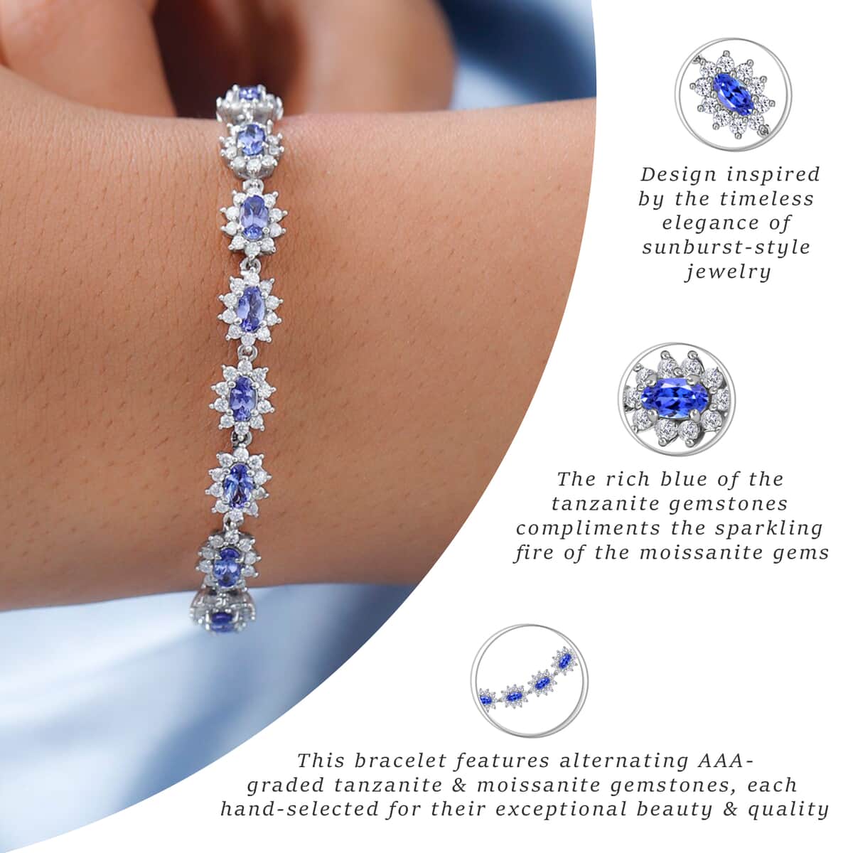 AAA Tanzanite and Moissanite Bracelet in Platinum Over Sterling Silver (7.25 In) 13.50 Grams 7.40 ctw image number 3
