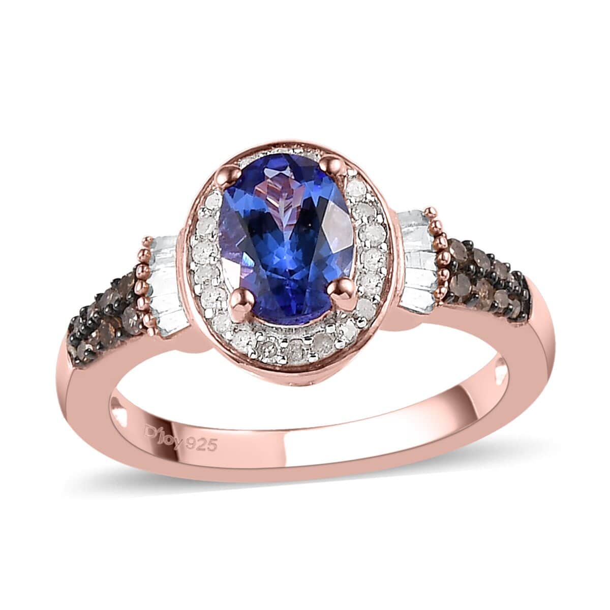 AAA Tanzanite and Natural Champagne and White Diamond Halo Ring in Vermeil Rose Gold Over Sterling Silver 1.35 ctw image number 0