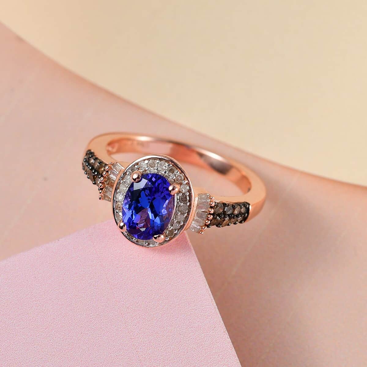 AAA Tanzanite and Natural Champagne and White Diamond Halo Ring in Vermeil Rose Gold Over Sterling Silver 1.35 ctw image number 1