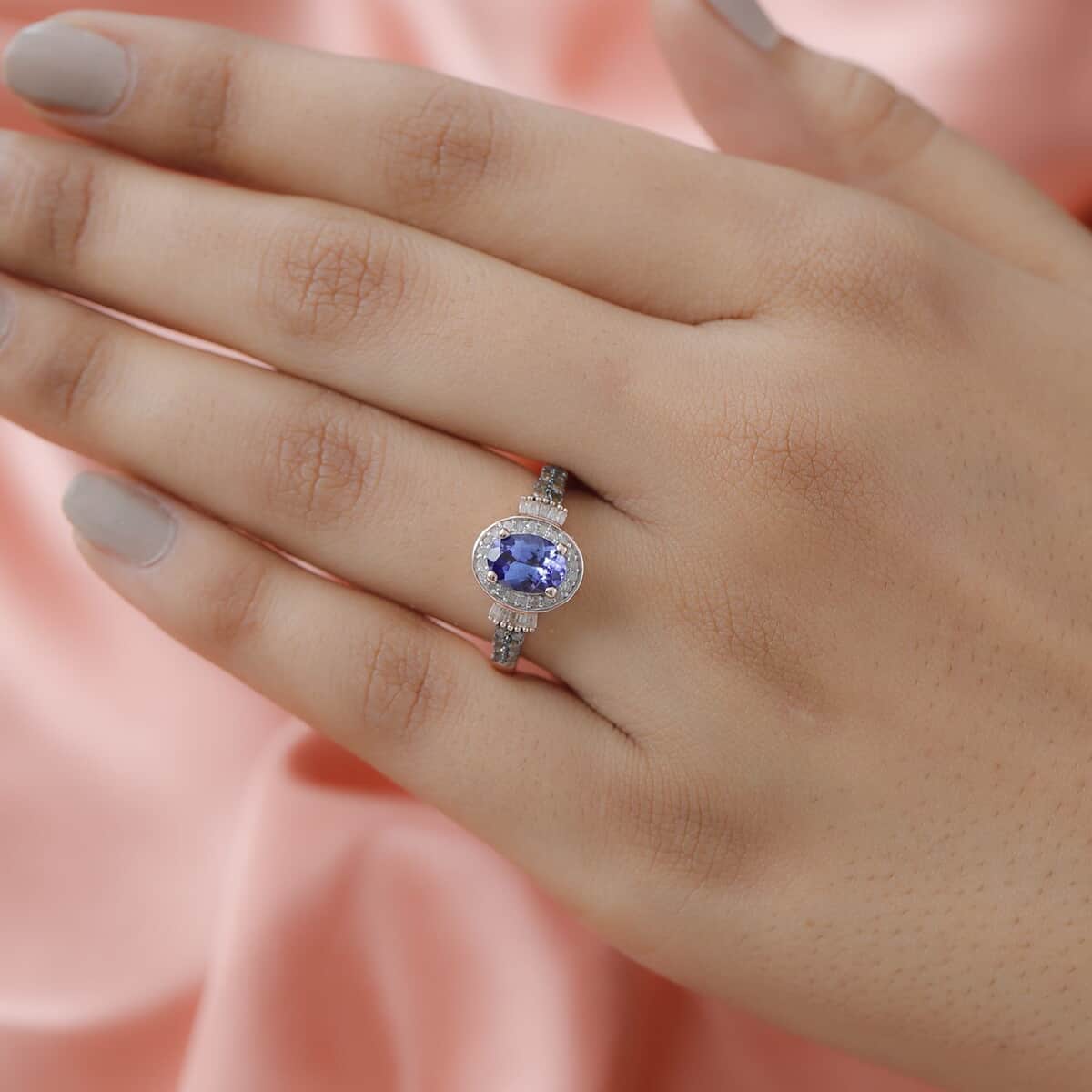 AAA Tanzanite and Natural Champagne and White Diamond Halo Ring in Vermeil Rose Gold Over Sterling Silver 1.35 ctw image number 2