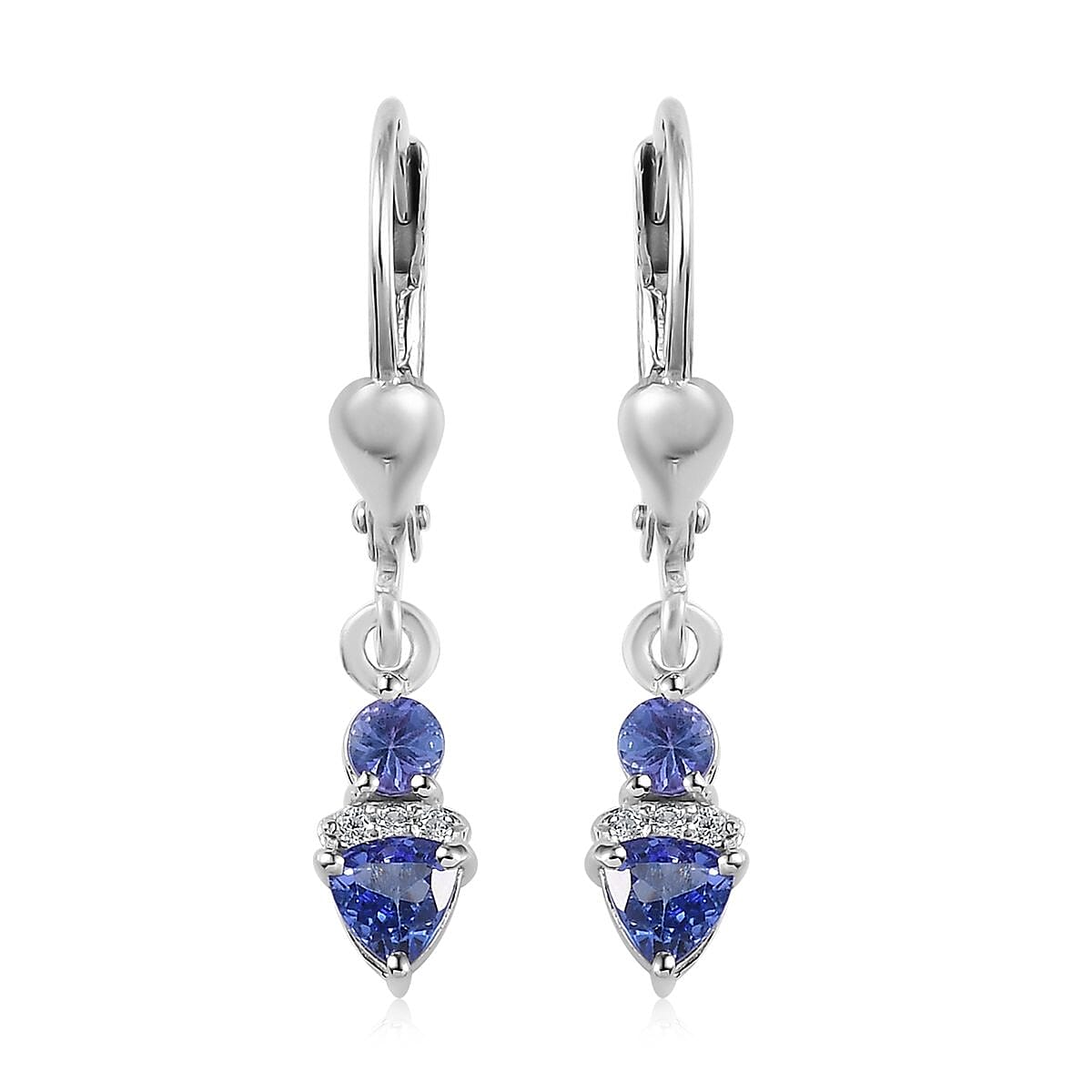 AAA Tanzanite and White Zircon Lever Back Earrings in Platinum Over Sterling Silver 0.85 ctw image number 0