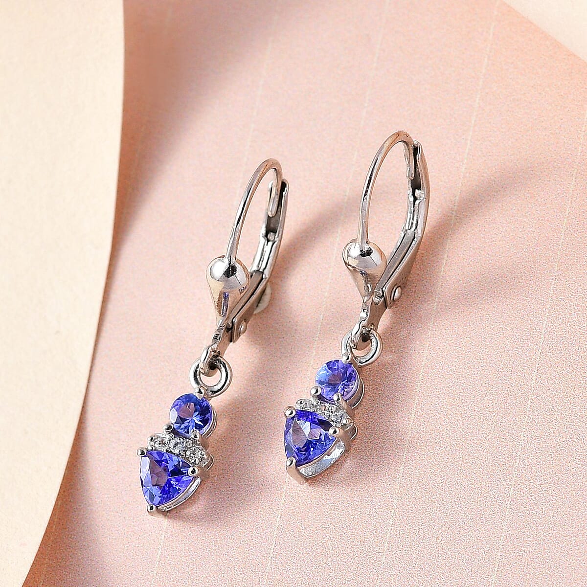 AAA Tanzanite and White Zircon Lever Back Earrings in Platinum Over Sterling Silver 0.85 ctw image number 1