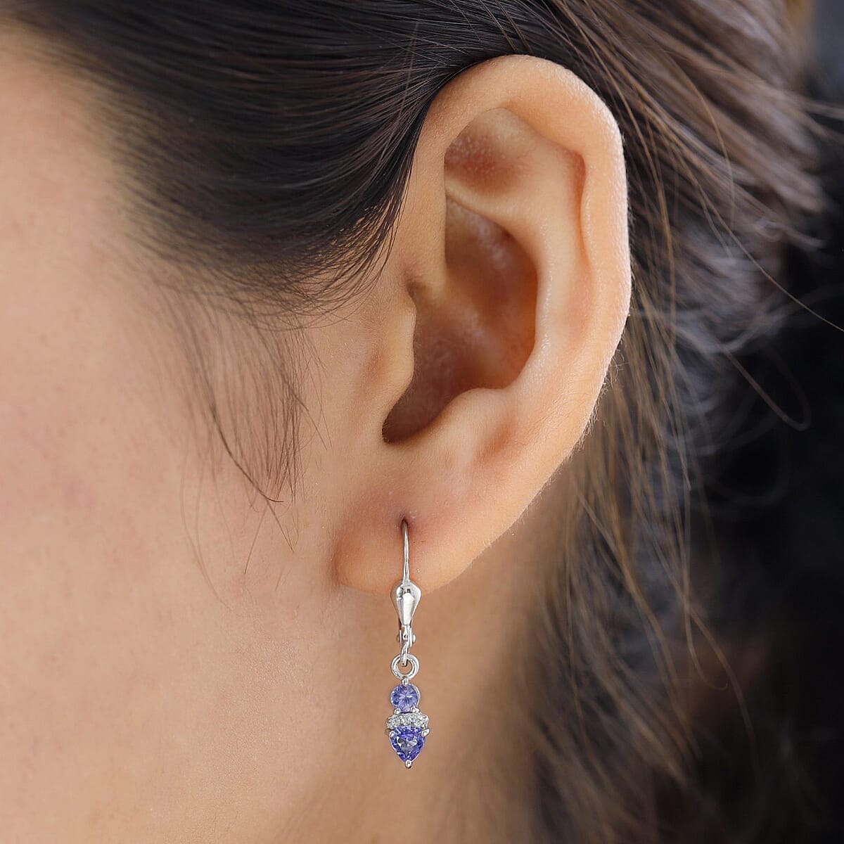 AAA Tanzanite and White Zircon Lever Back Earrings in Platinum Over Sterling Silver 0.85 ctw image number 2