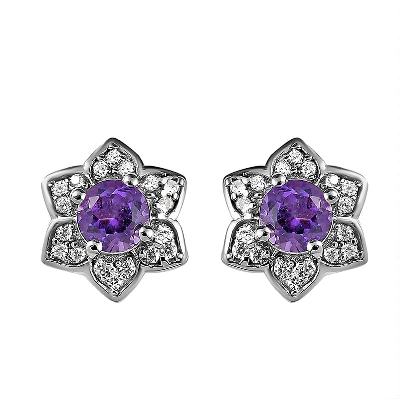 Uruguayan Amethyst and White Zircon Floral Stud Earrings in Platinum Over Sterling Silver 1.25 ctw