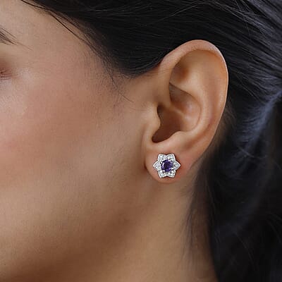 Uruguayan Amethyst and White Zircon Floral Stud Earrings in Platinum Over Sterling Silver 1.25 ctw