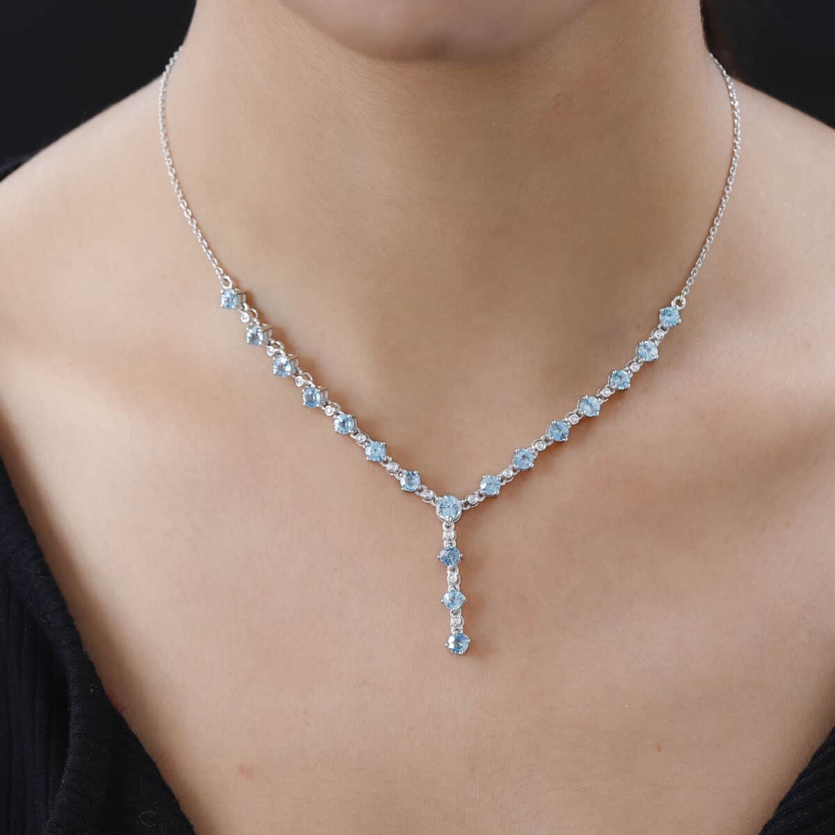 Premium Cambodian Blue Zircon and White Zircon Necklace 20 Inches in Platinum Over Sterling Silver 7.50 ctw image number 2