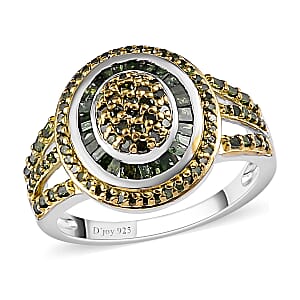 Green Diamond Oval Cluster Ring in Rhodium and Platinum Over Sterling Silver (Size 7.0) 1.00 ctw