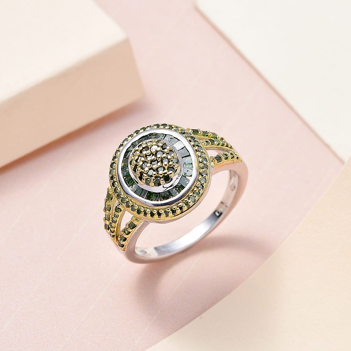 Green Diamond Oval Cluster Ring in Rhodium and Platinum Over Sterling Silver (Size 7.0) 1.00 ctw image number 1