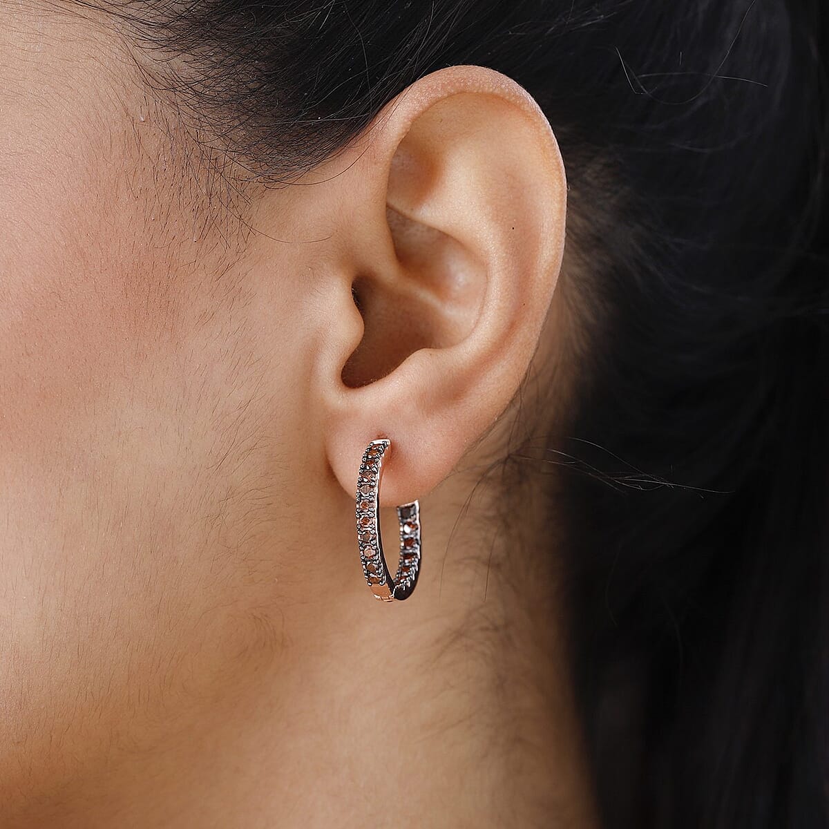 Red Diamond Inside Out Hoop Earrings in Vermeil Rose Gold Over Sterling Silver 1.50 ctw image number 2