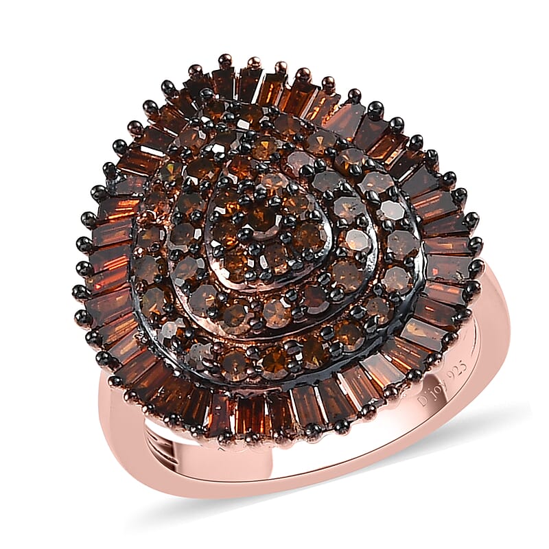 Red Diamond Pear Shape Cluster Ring in Rhodium and Vermeil Rose Gold Over Sterling Silver (Size 6.0) 2.00 ctw