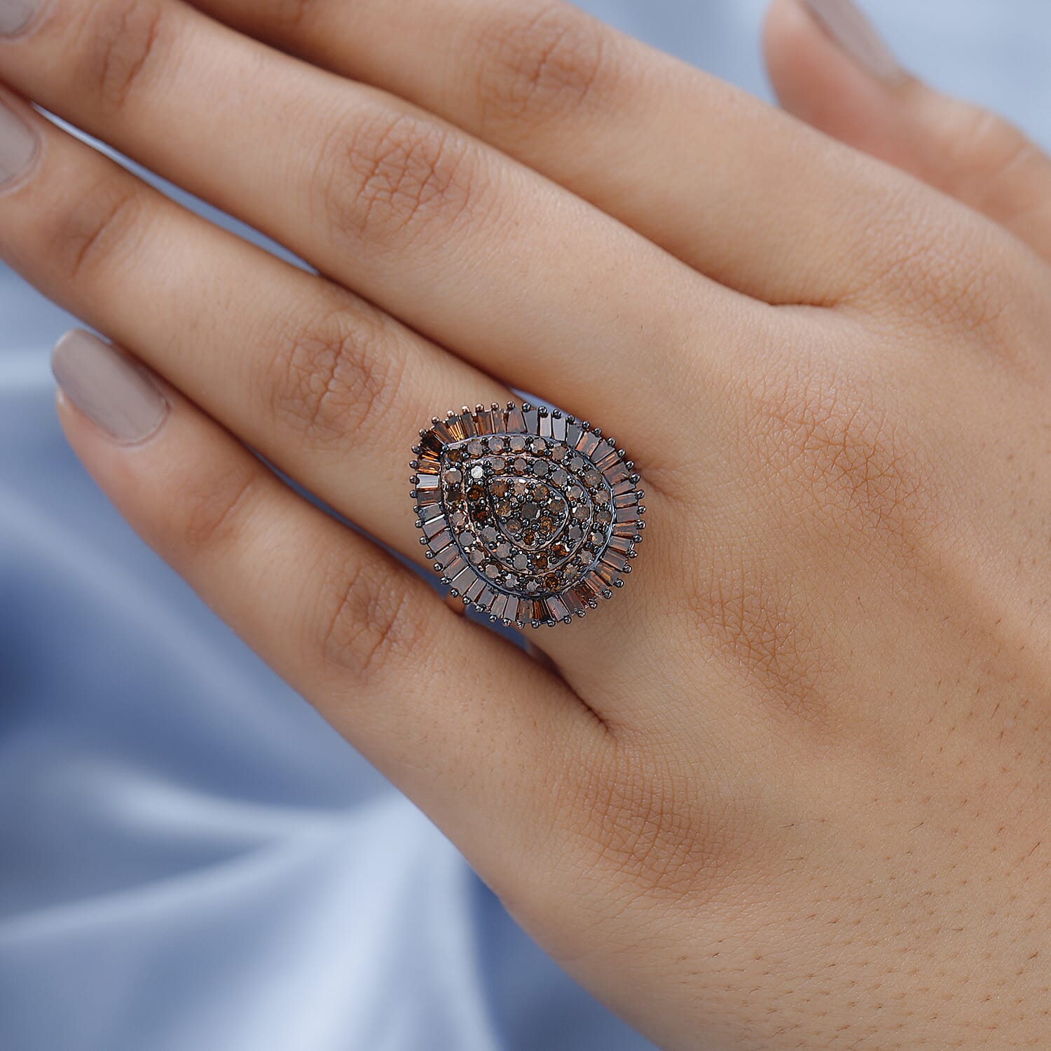 Red Diamond Pear Shape Cluster Ring in Rhodium and Vermeil Rose Gold Over Sterling Silver (Size 6.0) 2.00 ctw