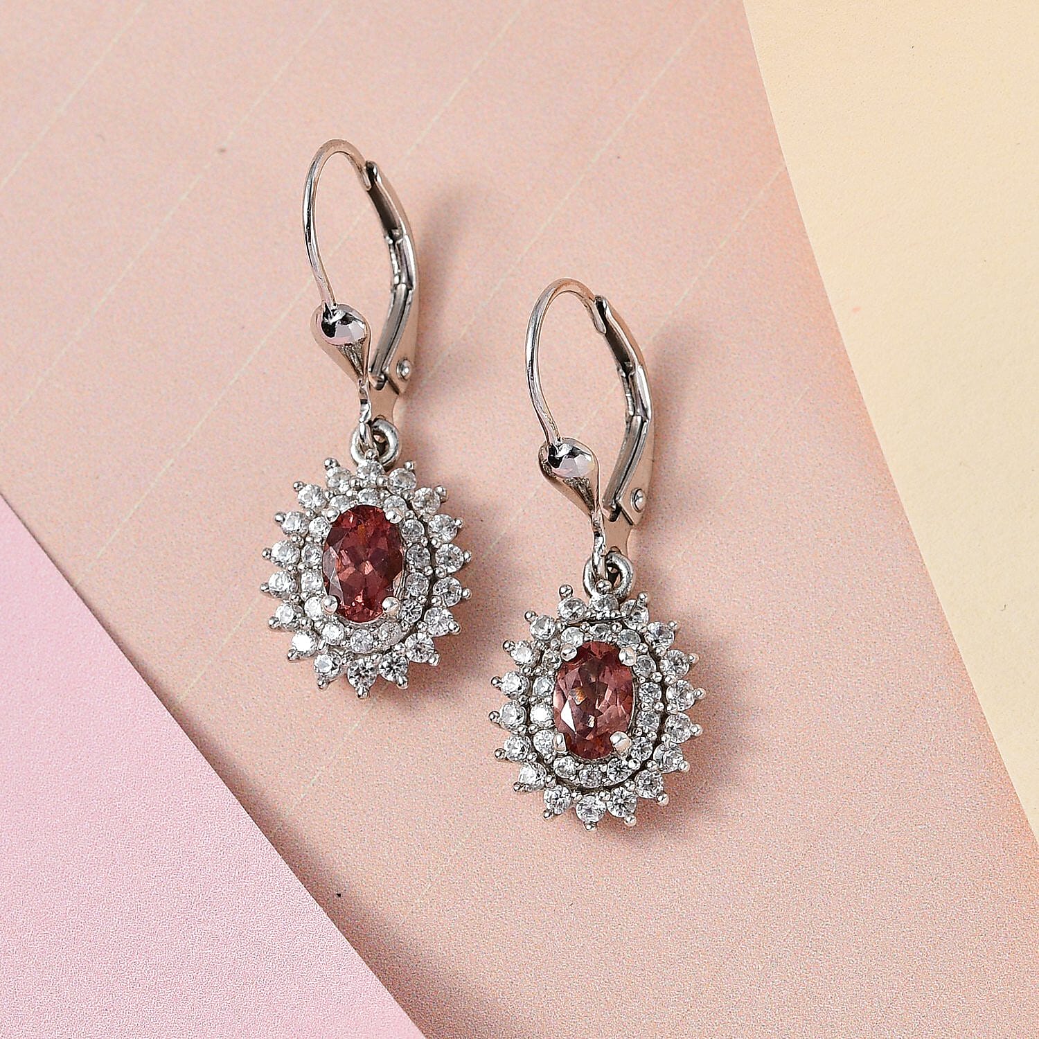 Red Rose Apatite and White Zircon Lever Back Earrings in Platinum Over Sterling Silver 2.00 ctw