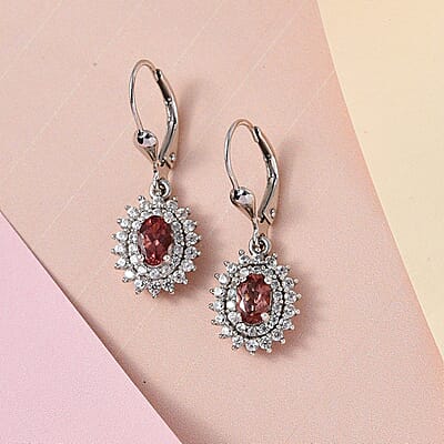 Red Rose Apatite and White Zircon Lever Back Earrings in Platinum Over Sterling Silver 2.00 ctw