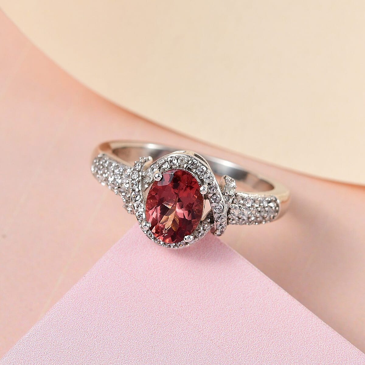 Natural Rose Apatite and Natural White Zircon Ring in Platinum Over Sterling Silver 1.80 ctw image number 1