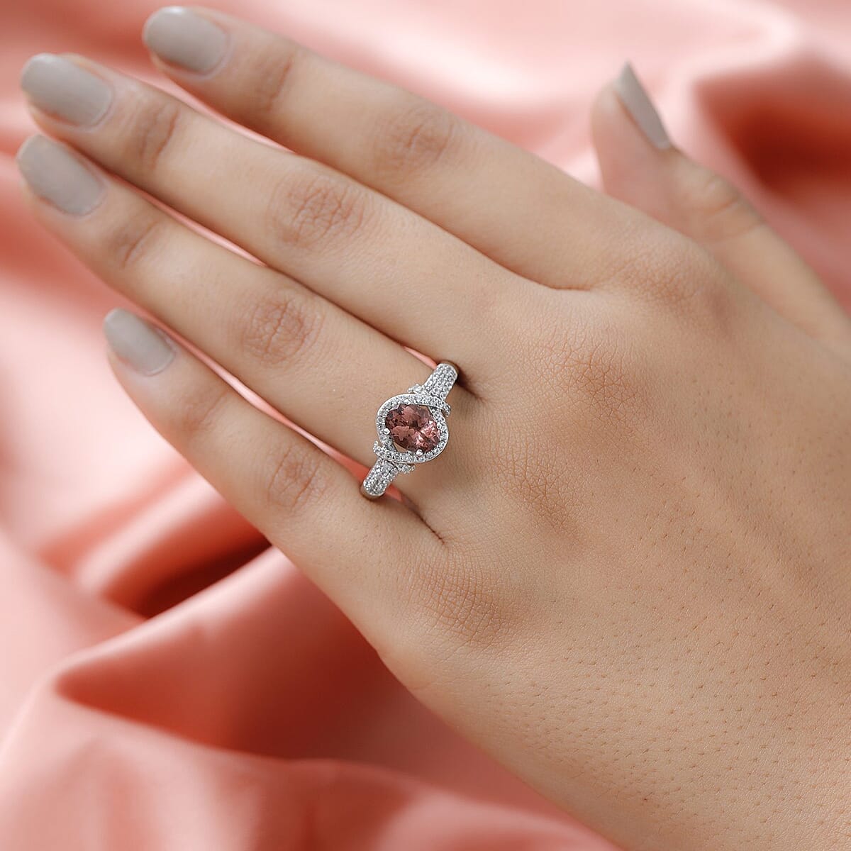 Natural Rose Apatite and Natural White Zircon Ring in Platinum Over Sterling Silver 1.80 ctw image number 2