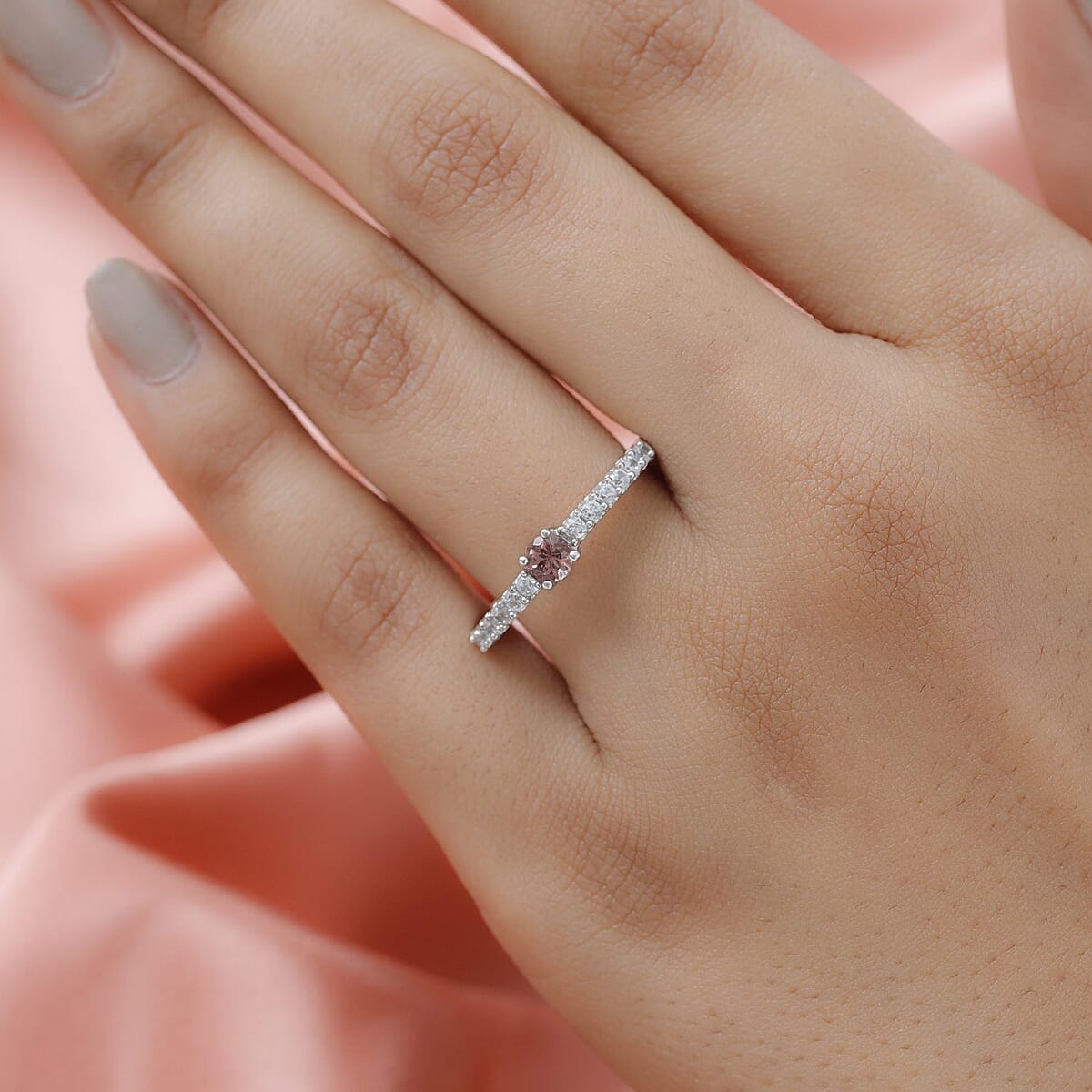 Champagne Rose Apatite, Natural White Zircon Ring in Platinum Over Sterling Silver (Size 10.0) 0.65 ctw image number 2