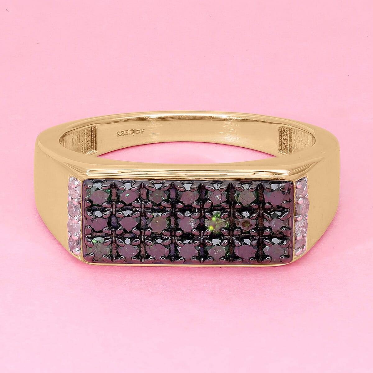 Green and White Diamond Men's Ring in Rhodium & Vermeil Yellow Gold Over Sterling Silver (Size 12.0) 1.00 ctw image number 1