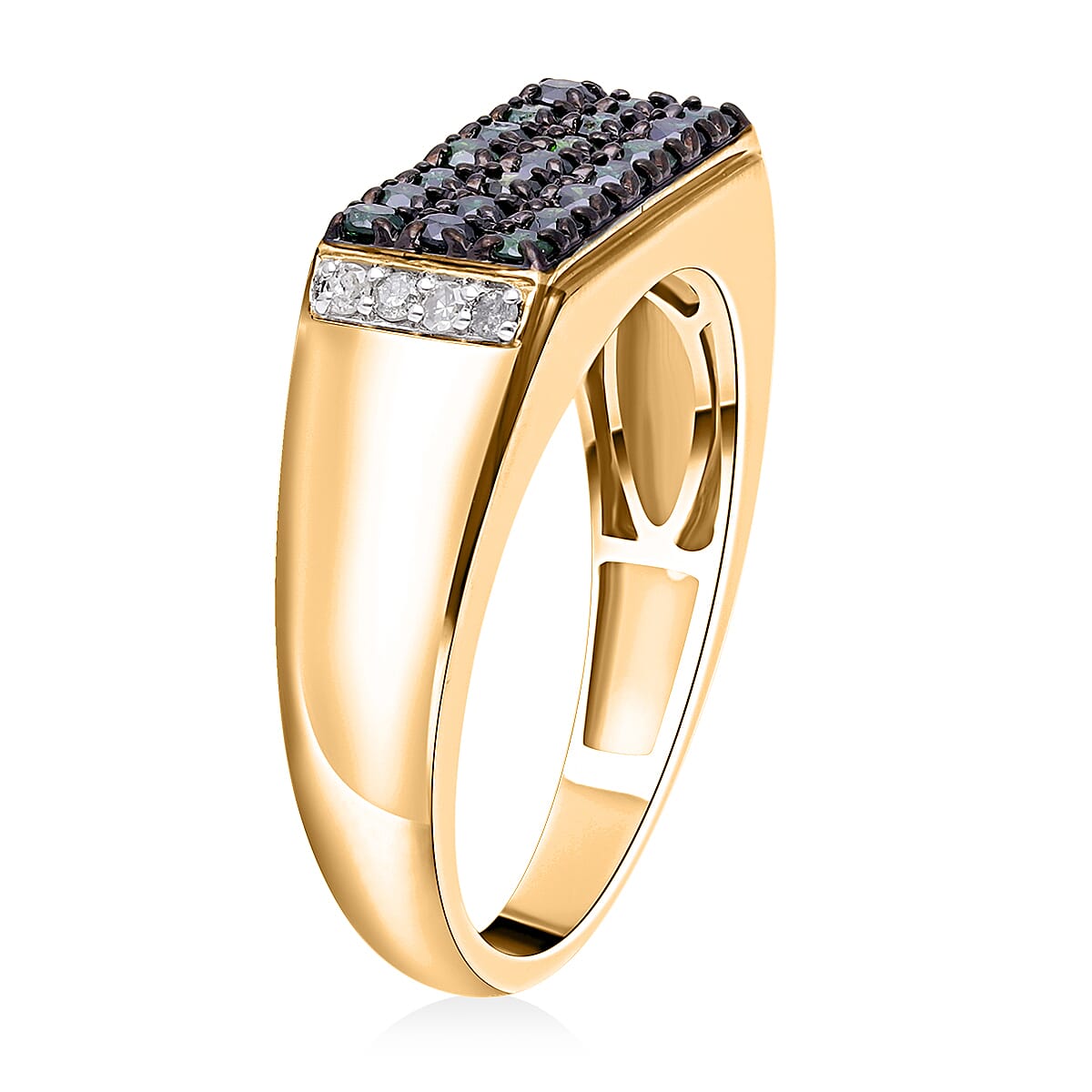 Green and White Diamond Men's Ring in Rhodium & Vermeil Yellow Gold Over Sterling Silver (Size 12.0) 1.00 ctw image number 3