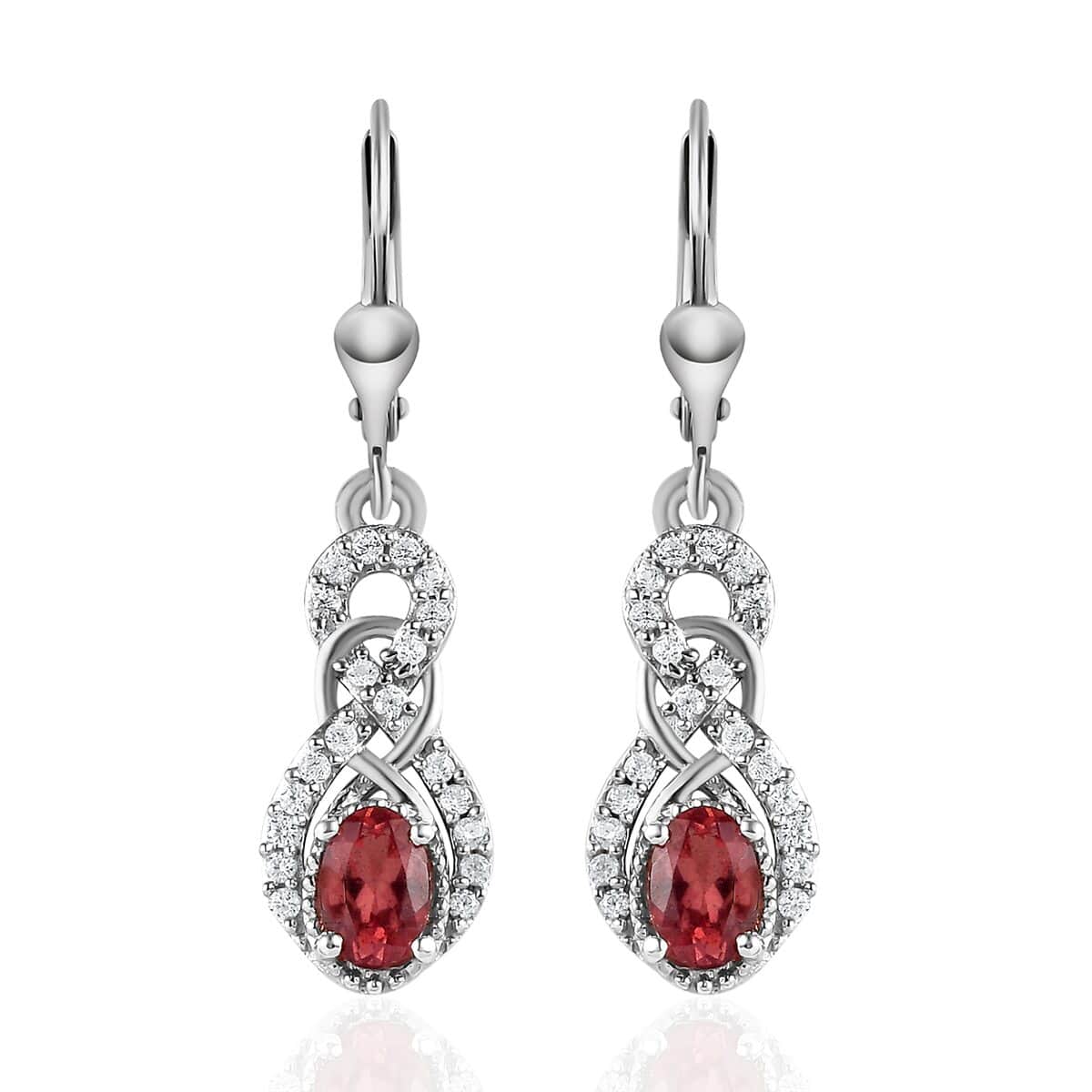 Red Apatite and White Zircon Dangling Earrings in Platinum Over Sterling Silver 1.40 ctw image number 0